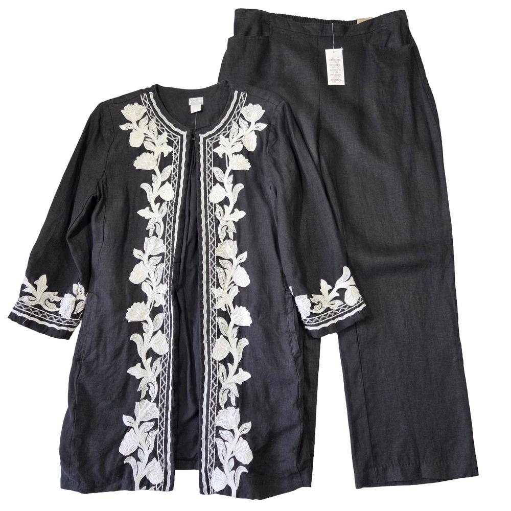 Chico's Linen Embroidered Top Pants Set 1 Tunic Floral Career Modest Feminine